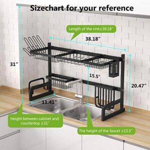 1Easylife Over The Sink Dish Drying Rack Adjustable 2-Tier Large Dish Dryer Rack for Kitchen Organizer Storage Space Saver Shelf Utensils Holder with 7 Utility Hook Tableware Drainer (Black)