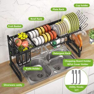 1Easylife Over The Sink Dish Drying Rack Adjustable 2-Tier Large Dish Dryer Rack for Kitchen Organizer Storage Space Saver Shelf Utensils Holder with 7 Utility Hook Tableware Drainer (Black)