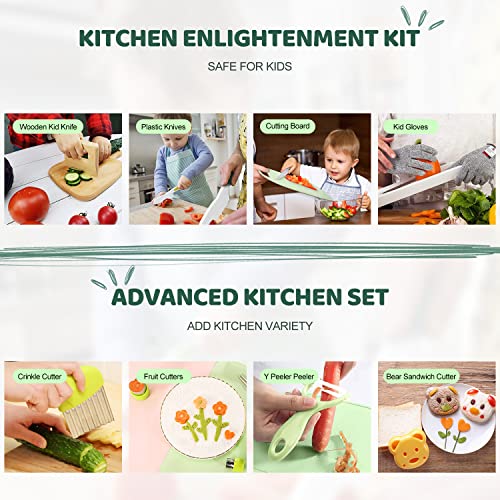 14 Pieces Wooden Kids Kitchen Knife Set with Gloves Cutting Board Fruit Vegetable Crinkle Cutters Serrated Edges Plastic Toddler Knifes for Real Cooking Kid Safe Knives - Crocodile