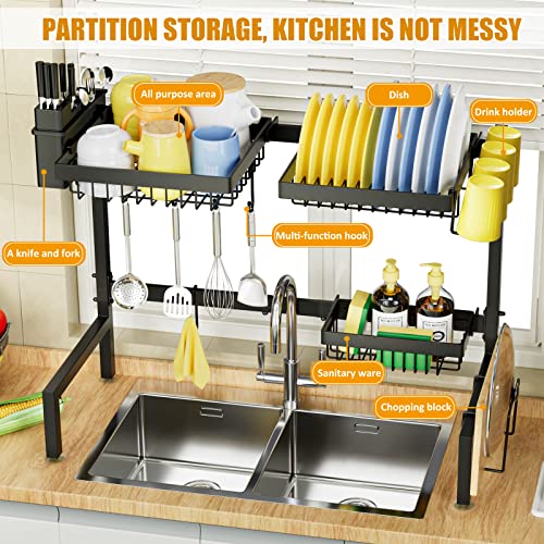 SNSLXH 2 Tiers 3 Baskets Over The Sink Dish Drying Rack, Kitchen Large Shelf, Suitable for 99% Sinks, Effective Drainage Drying, Kitchen Drainage Rack, 24.8"-35.4"