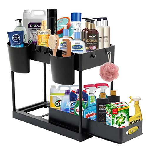 Under Sink Organizers and Storage with 4 Hooks, 2 Hanging Cups & Dividers Under Sink Cabinet Basket Storage 2 Tier Shelf for Bathroom and Kitchen (Black)