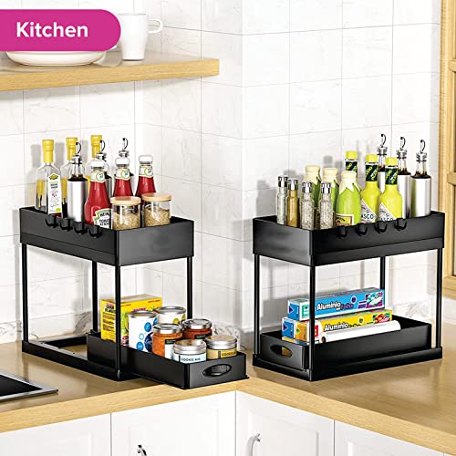 Under Sink Organizers and Storage with 4 Hooks, 2 Hanging Cups & Dividers Under Sink Cabinet Basket Storage 2 Tier Shelf for Bathroom and Kitchen (Black)