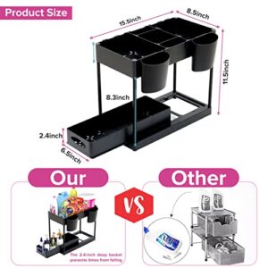 Under Sink Organizers and Storage with 4 Hooks, 2 Hanging Cups & Dividers Under Sink Cabinet Basket Storage 2 Tier Shelf for Bathroom and Kitchen (Black)