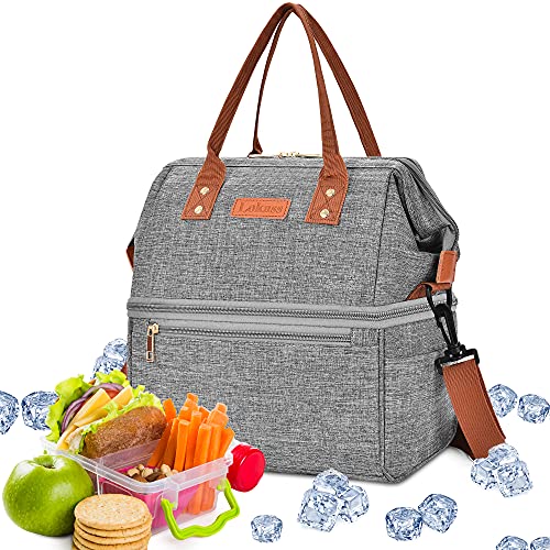 DTBG Lunch Bags for Women Wide Open Insulated Lunch Box With Double Deck Large Capacity Cooler Tote Bag With Removable Shoulder Strap Lunch Organizer For Men/Outdoor/Work(Grey)