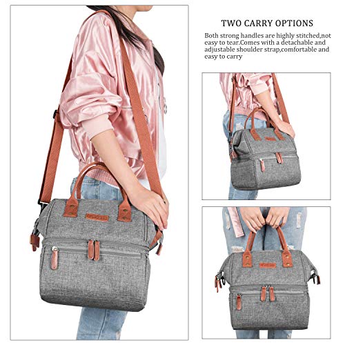 DTBG Lunch Bags for Women Wide Open Insulated Lunch Box With Double Deck Large Capacity Cooler Tote Bag With Removable Shoulder Strap Lunch Organizer For Men/Outdoor/Work(Grey)