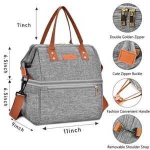 DTBG Lunch Bags for Women Wide Open Insulated Lunch Box With Double Deck Large Capacity Cooler Tote Bag With Removable Shoulder Strap Lunch Organizer For Men/Outdoor/Work(Grey)