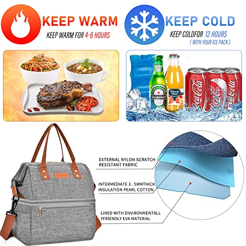 DTBG Lunch Bags for Women Wide Open Insulated Lunch Box With Double Deck Large Capacity Cooler Tote Bag With Removable Shoulder Strap Lunch Organizer For Men/Outdoor/Work(Grey)