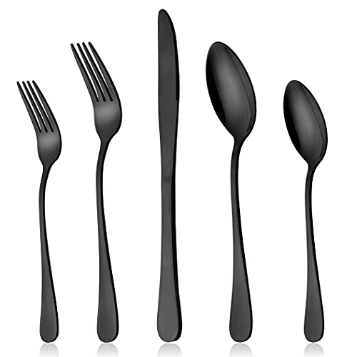 LIANYU Black Silverware Flatware Set for 2, 10-Piece Stainless Steel Cutlery Set, Mirror Finished, Dishwasher Safe