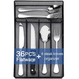 36-piece silverware set stainless steel flatware set for 6, cutlery set with organizer, fork spoon knife with storage case, silver