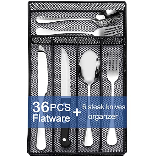 36-Piece Silverware Set Stainless Steel Flatware Set for 6, Cutlery Set with Organizer, Fork Spoon Knife with Storage Case, Silver