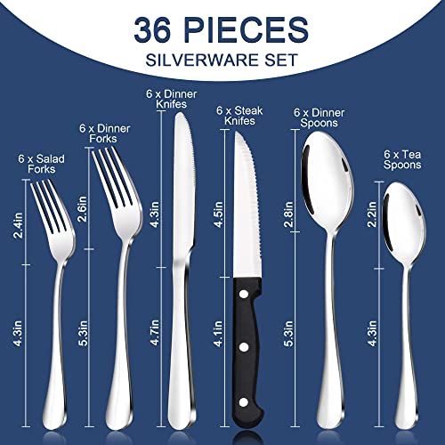 36-Piece Silverware Set Stainless Steel Flatware Set for 6, Cutlery Set with Organizer, Fork Spoon Knife with Storage Case, Silver