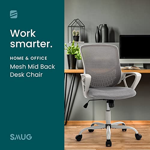 SMUG Mid Back Ergonomic Office Mesh Computer Desk Lumbar Support Armrest, Executive Height Adjustable Swivel Task Chair for Women Adults, Grey