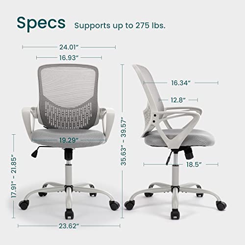 SMUG Mid Back Ergonomic Office Mesh Computer Desk Lumbar Support Armrest, Executive Height Adjustable Swivel Task Chair for Women Adults, Grey