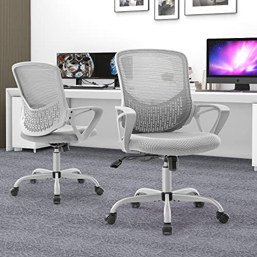 SMUG Mid Back Ergonomic Office Mesh Computer Desk Lumbar Support Armrest, Executive Height Adjustable Swivel Task Chair for Women Adults, Grey