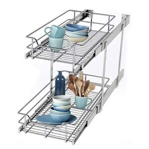 storking 2 tier wire basket pull out organizer shelf sliding drawer storage for kitchen base, double-tier heavy duty cabinets chrome-plating, 21”w x 22”d cabinet opening wire frame plating finish