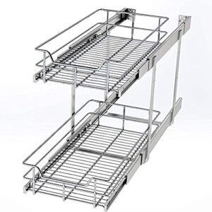 STORKING 2 Tier Wire Basket Pull Out Organizer Shelf Sliding Drawer Storage for Kitchen Base, Double-Tier Heavy Duty Cabinets Chrome-Plating, 21”W x 22”D Cabinet Opening Wire Frame Plating Finish