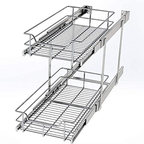 STORKING 2 Tier Wire Basket Pull Out Organizer Shelf Sliding Drawer Storage for Kitchen Base, Double-Tier Heavy Duty Cabinets Chrome-Plating, 21”W x 22”D Cabinet Opening Wire Frame Plating Finish