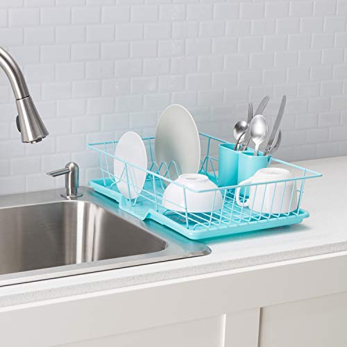Home Basics Dish Drying Rack (Turquoise) Dish Drainers for Kitchen Counter | with Sloping Tray and Utensil Holder | Big Dish Drying Rack