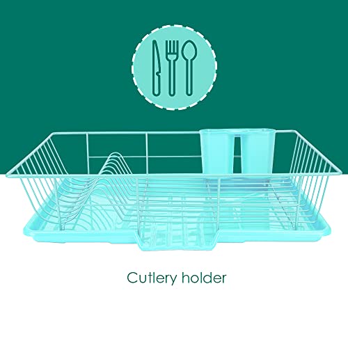 Home Basics Dish Drying Rack (Turquoise) Dish Drainers for Kitchen Counter | with Sloping Tray and Utensil Holder | Big Dish Drying Rack