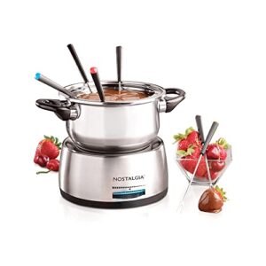 nostalgia 6-cup stainless steel electric fondue pot set with temperature control, 6 color-coded forks, and removable pot – fondue pot for chocolate, candy melts, caramel, cheese, sauces, and more