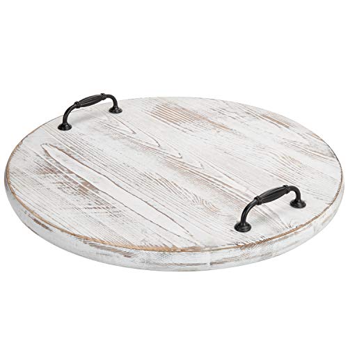 MyGift 18-Inch Whitewashed Wood Turntable with Metal Handles - Lazy Susan Kitchen Serving Spinning Tray