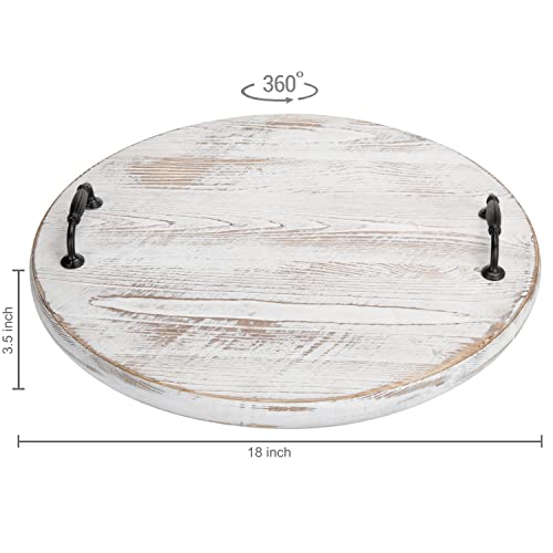 MyGift 18-Inch Whitewashed Wood Turntable with Metal Handles - Lazy Susan Kitchen Serving Spinning Tray