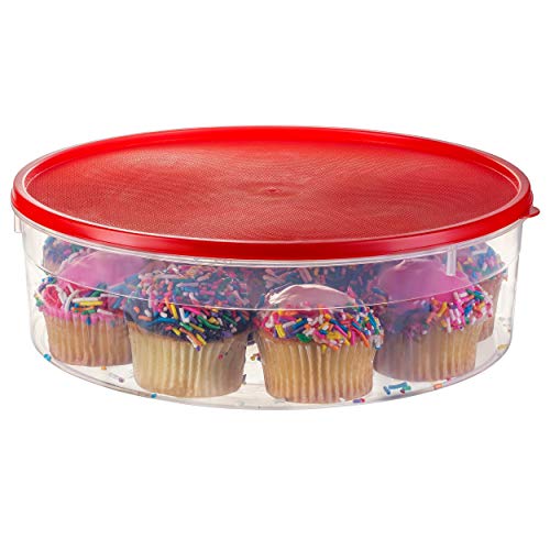 Zilpoo Plastic Pie Keeper with Lid, 10.5”, Christmas Cupcake Carrier, Muffin, Cookie, Cake Holder, Round Food Storage Container with Cover, Red