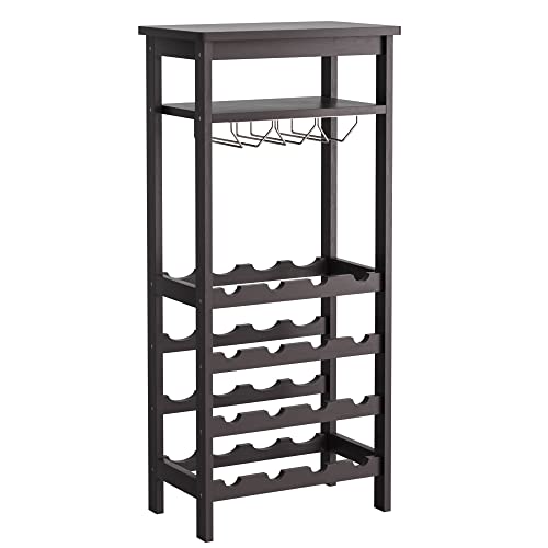 FOTOSOK Bamboo Floor Wine Rack, Freestanding Wine Bottle Organizer Shelves with Glass Holder Rack,16 Bottles, Wobble-Free Wine Display Storage Stand with Table Top for Kitchen Dining Room, Espresso