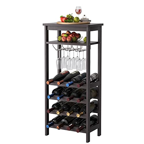 FOTOSOK Bamboo Floor Wine Rack, Freestanding Wine Bottle Organizer Shelves with Glass Holder Rack,16 Bottles, Wobble-Free Wine Display Storage Stand with Table Top for Kitchen Dining Room, Espresso