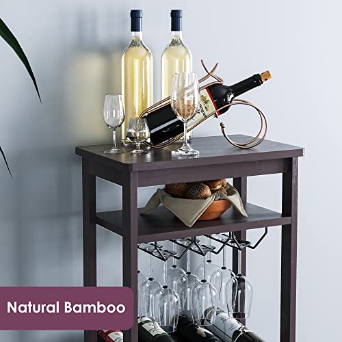 FOTOSOK Bamboo Floor Wine Rack, Freestanding Wine Bottle Organizer Shelves with Glass Holder Rack,16 Bottles, Wobble-Free Wine Display Storage Stand with Table Top for Kitchen Dining Room, Espresso