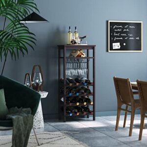 FOTOSOK Bamboo Floor Wine Rack, Freestanding Wine Bottle Organizer Shelves with Glass Holder Rack,16 Bottles, Wobble-Free Wine Display Storage Stand with Table Top for Kitchen Dining Room, Espresso