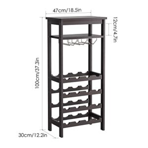 FOTOSOK Bamboo Floor Wine Rack, Freestanding Wine Bottle Organizer Shelves with Glass Holder Rack,16 Bottles, Wobble-Free Wine Display Storage Stand with Table Top for Kitchen Dining Room, Espresso