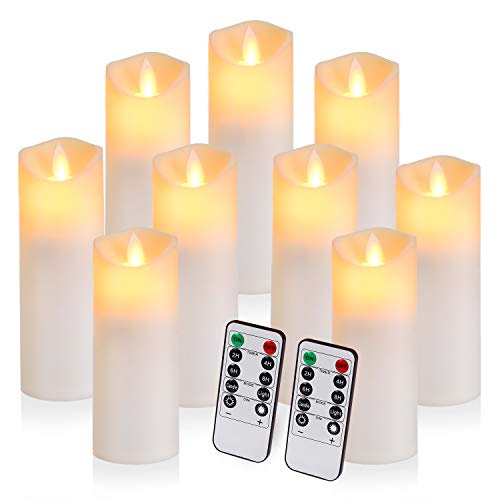 Aignis Flickering Flameless Candles with 10-Key Timer Remote, Exquisite Decor Battery Operated Candles Outdoor Heat Resistant with Realistic Moving Wick LED Flames