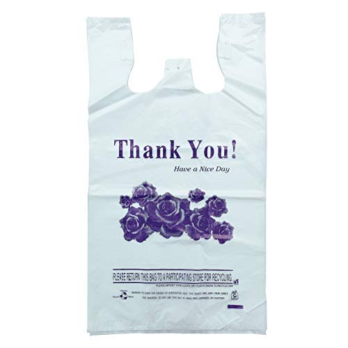R Noble Heavy Duty 12???23???7?Purple Flower Thank You Reusable Disposable Grocery T-Shirt Plastic Bags 200 Counts 17Mic