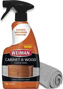 weiman cabinet & wood clean & shine spray – furniture, kitchen cabinets, baseboard & trim, fresh almond scent – microfiber cloth included