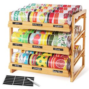 yumkfoi bamboo can rack organizer, 3 tier stackable can storage rack with label sticker and marker pen, can holder storage organizer for kitchen cabinet or pantry (natural bamboo)