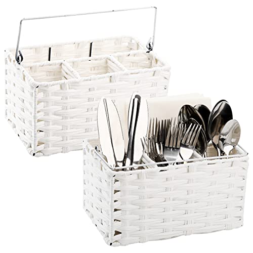 TOPZEA 2 Pack Cutlery Caddy, Plastic Utensil Holder Silverware Caddy for Party, Table Condiments Organizer Wicker Paper Plate Holder Basket Flatware Caddy Buffet Caddy for Fork, Spoon,Knives, Napkin