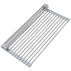 mgahyi roll up dish drying rack, over the sink drying rack, multipurpose 304 stainless steel silicone wrapped steel roll-up , folding dish rack for kitchen sink （gray, 17.3″ x 13 “）