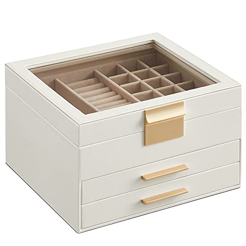 SONGMICS Jewelry Box with Glass Lid, 3-Layer Jewelry Organizer, 2 Drawers, Jewelry Storage, Lots of Storage Space, Modern, Gift Idea, 8 x 9.1 x 5.3 Inches, Cloud White and Gold Color UJBC239WT