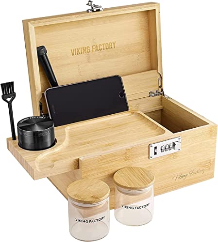 Viking Factory Decorative Box Set with Combination Lock - Premium Large Bamboo Storage Box Removable Tray Brush, Wooden Storage Roll Kit with All Accessories (Sliding Tray)