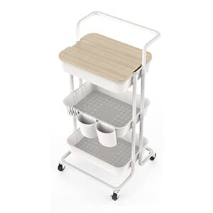 dtk 3 tier utility rolling cart with cover board, rolling storage cart with handle and locking wheels kitchen cart with 2 small baskets and 4 hooks for bathroom office balcony living room(white)