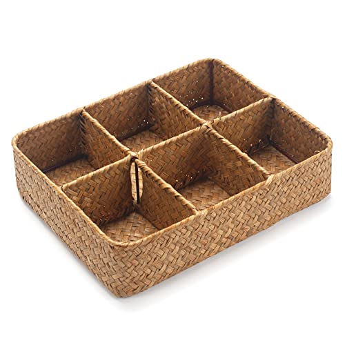 Tea Bag/Sugar Packet Holder, Coffee Station Condiment Organizer, Seagrass Storage Basket, Wicker Rattan Divided Basket Organizer for Drawer/Shelf/Countertop