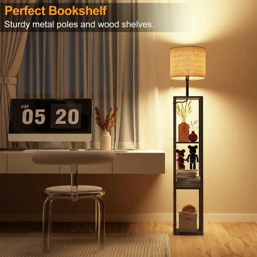 luckystyle Shelf Floor Lamp with Led Bulb, Corner Display Solid Wood Standing Lamp,White Linen Shade Column Floor Lamp with Shelves, 3 Tiered Storage Floor Lamps for Living Room, Bedroom Office