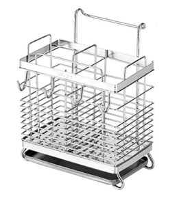 sturdy 304 stainless steel utensil drying rack, basket holder with hooks 2 compartments draining basket, rust proof, no drilling,kitchen dish drainer dish drying rack
