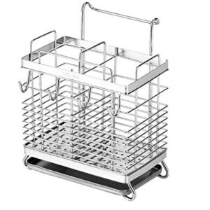 Sturdy 304 Stainless Steel Utensil Drying Rack, Basket Holder with Hooks 2 Compartments Draining Basket, Rust Proof, No Drilling,Kitchen Dish Drainer Dish Drying Rack