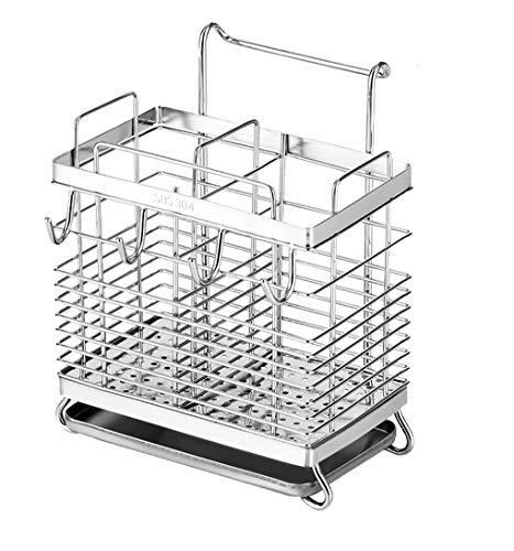 Sturdy 304 Stainless Steel Utensil Drying Rack, Basket Holder with Hooks 2 Compartments Draining Basket, Rust Proof, No Drilling,Kitchen Dish Drainer Dish Drying Rack