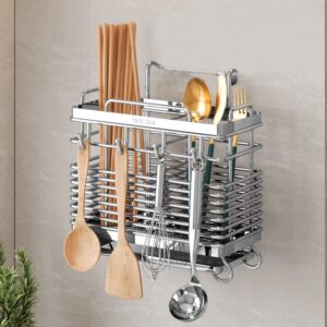 Sturdy 304 Stainless Steel Utensil Drying Rack, Basket Holder with Hooks 2 Compartments Draining Basket, Rust Proof, No Drilling,Kitchen Dish Drainer Dish Drying Rack