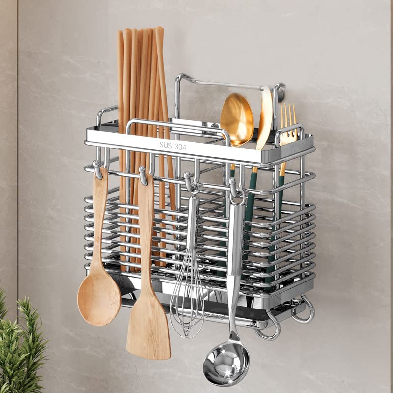 Sturdy 304 Stainless Steel Utensil Drying Rack, Basket Holder with Hooks 2 Compartments Draining Basket, Rust Proof, No Drilling,Kitchen Dish Drainer Dish Drying Rack