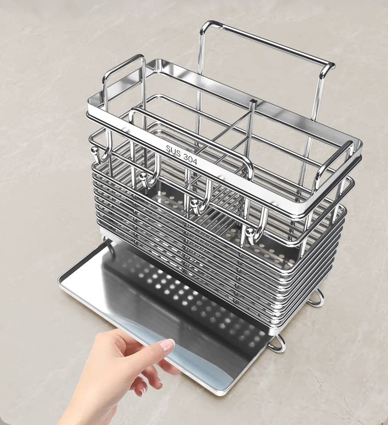 Sturdy 304 Stainless Steel Utensil Drying Rack, Basket Holder with Hooks 2 Compartments Draining Basket, Rust Proof, No Drilling,Kitchen Dish Drainer Dish Drying Rack