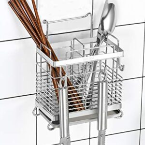 Sturdy 304 Stainless Steel Utensil Drying Rack, Basket Holder with Hooks 2 Compartments Draining Basket, Rust Proof, No Drilling,Kitchen Dish Drainer Dish Drying Rack